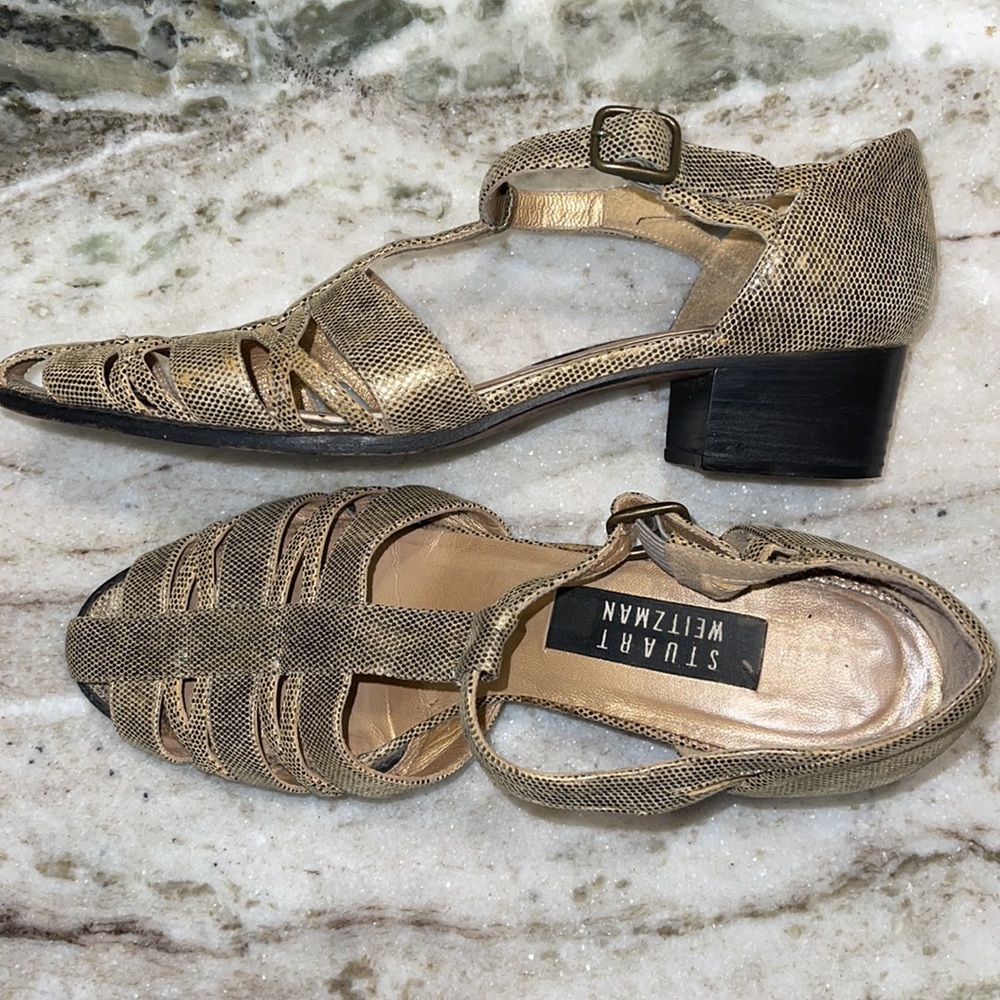 STUART WEITZMAN Leather Metallic T-Strap Sandals 8.5A - Picture 14 of 14